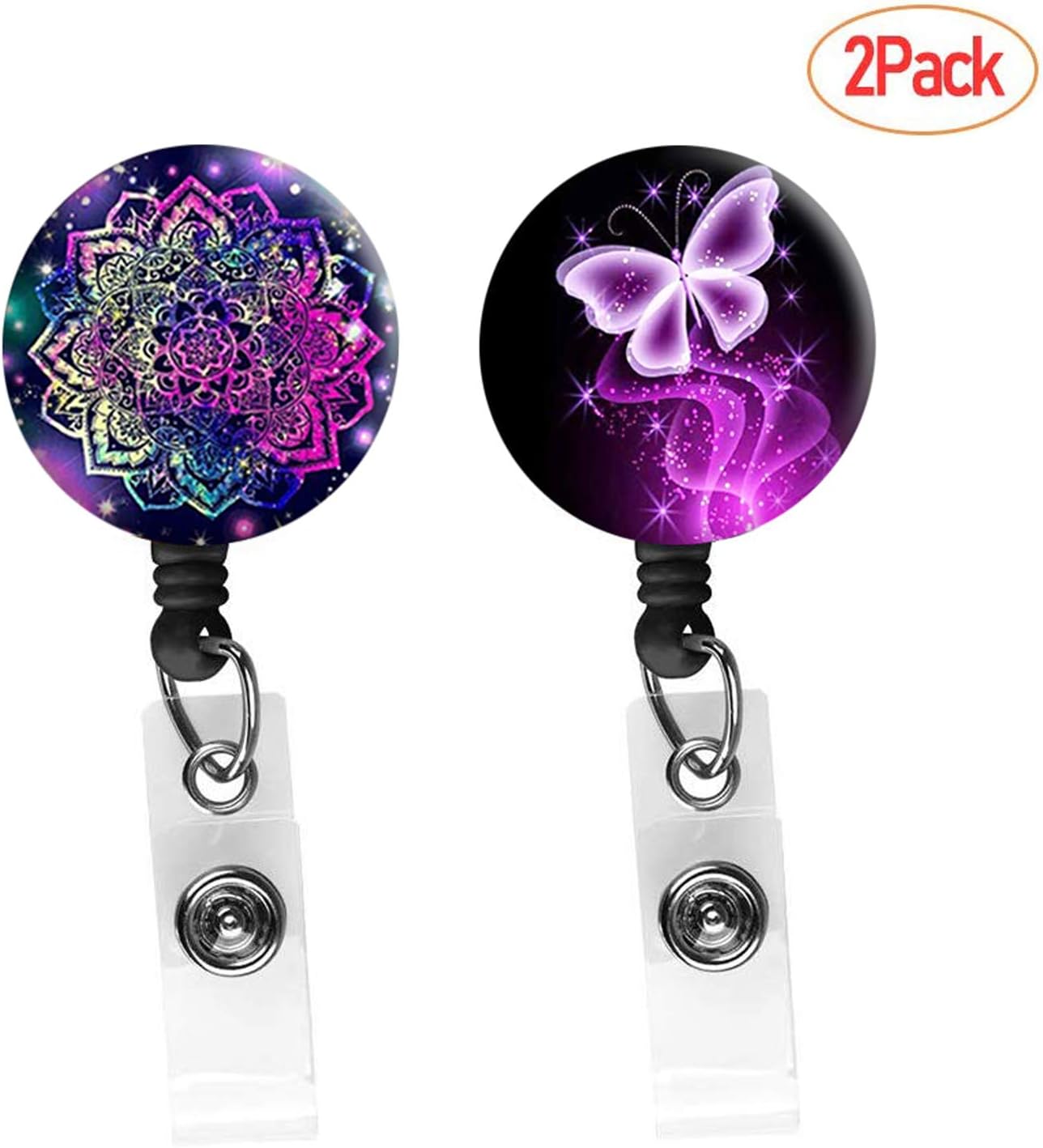 Badge Reel, Retractable Reel Holder Reel with Alligator Clip (Butterfly+Purple Mandala)