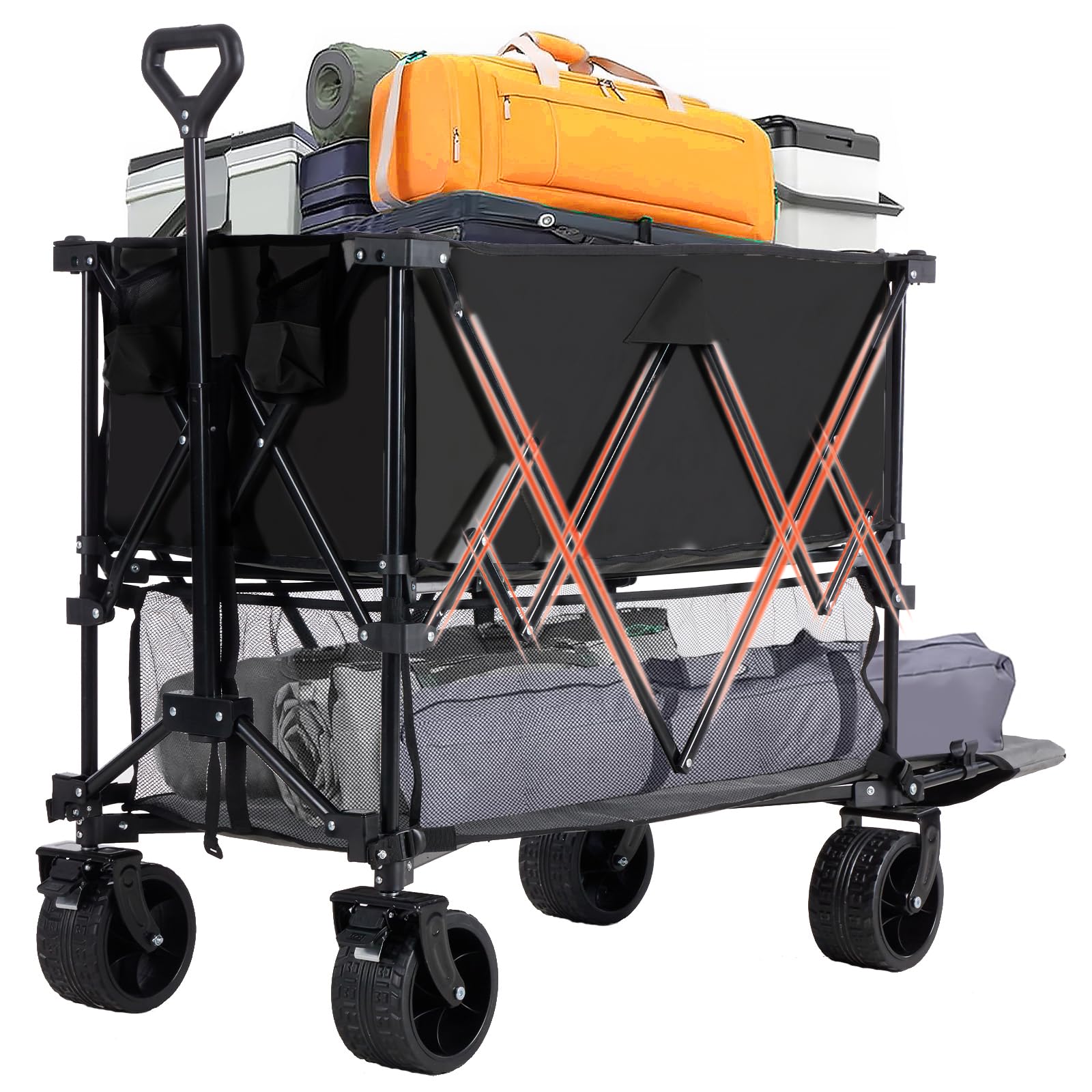 DUMOS Large Capacity Folding Double Decker Wagon with Brakes, 440 lbs Wagons Carts Foldable Wagon Cart with Flexible Handle, All-Terrain Big Wheels for Grocery Sports Garden Camping - Black Image