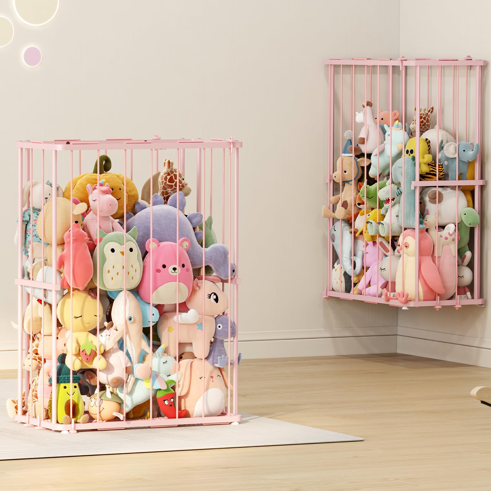 Photo 1 of Metal Stuffed Animal Storage, Outdoor Toy Storage with Elastic Cord, Small Floor-Standing or Wall-Mounted Stuffed Animal Zoo, Stuffed Animal Holder, Wall Plush Storage for Playroom Bedroom (Pink)