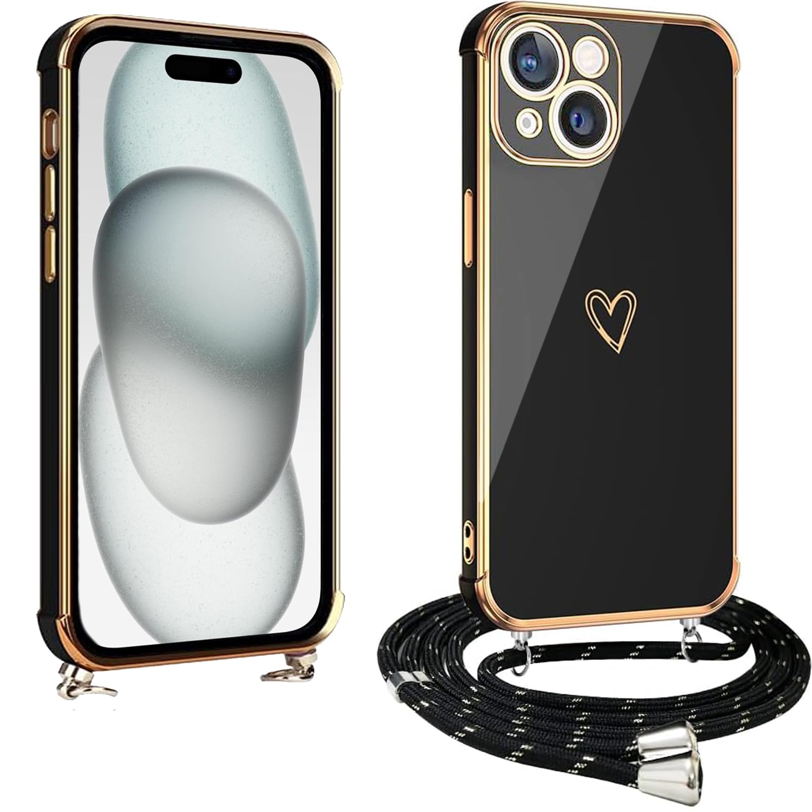 vumebao Mobile Phone Chain for iPhone 15, Case with Strap, Mobile Phone Case Heart Love Design Silicone Bumper Cord, TPU Thin Shockproof Case Protective Case, Compatible with iPhone 15 for Women and