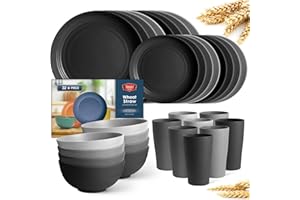 Teivio 32-Piece Kitchen Wheat Straw Dinnerware Set, Service for 8, Dinner Plates, Dessert Plate, Cereal Bowls, Cups, Unbreaka