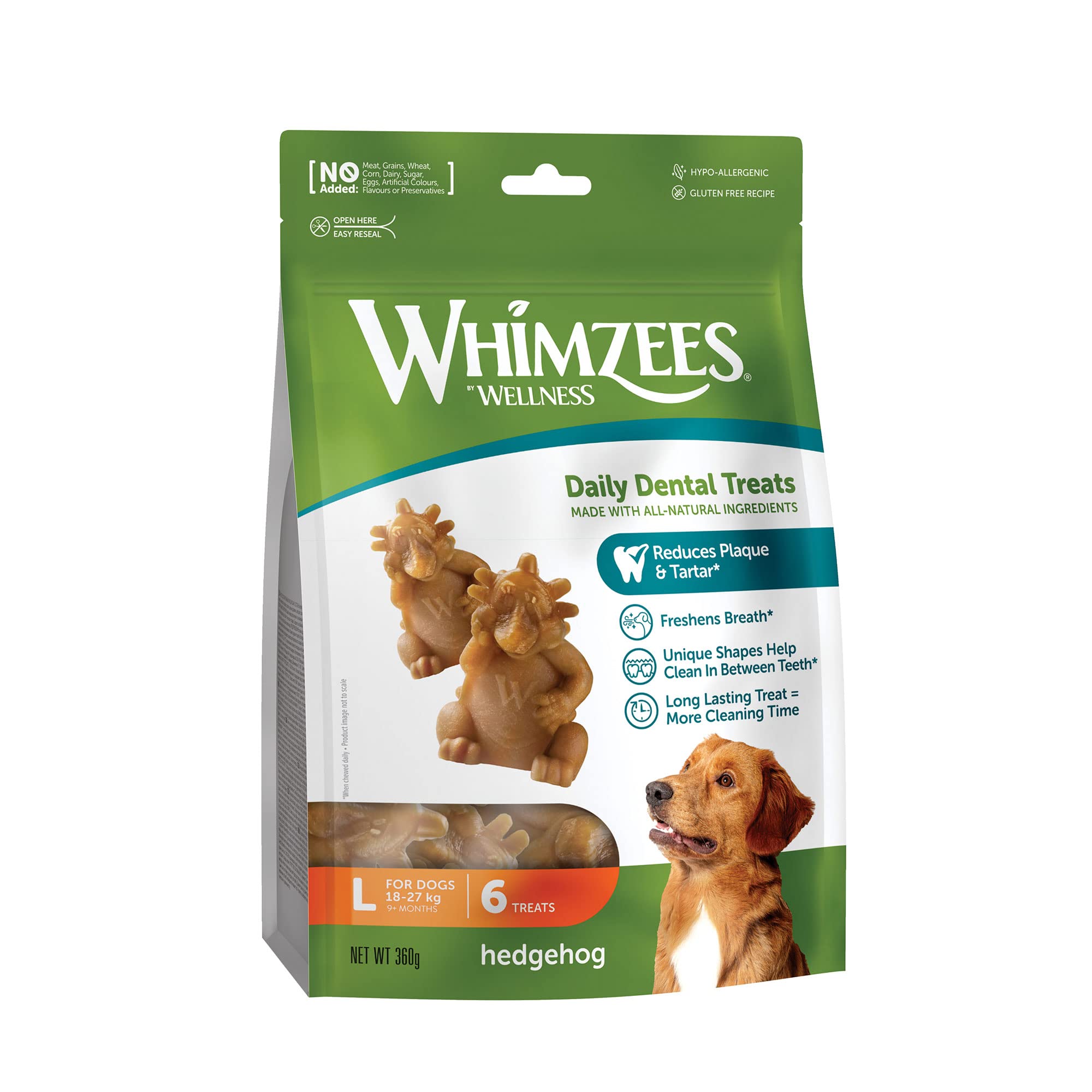 WHIMZEES Hedgehog L, 6 Pieces – Dog Dental Stix, Size L, Dog Dental Sticks for Large Breeds, Natural and Grain Free, Rawhide-Free, Vegetarian, No Added Sugar