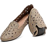 HEAWISH Women's Floral Ballet Flats for Women Black Beige Slip On Flowers PU Leather Round Toe Dress Shoes