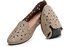 HEAWISH Women's Floral Ballet Flats for Women Black Beige Slip On Flowers PU Leather Round Toe Dress Shoes