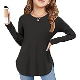 Arshiner Girls Long Sleeve T Shirts Round Neck Curve Hem Side Slit Basic Casual Loose Tunic Soft Tops