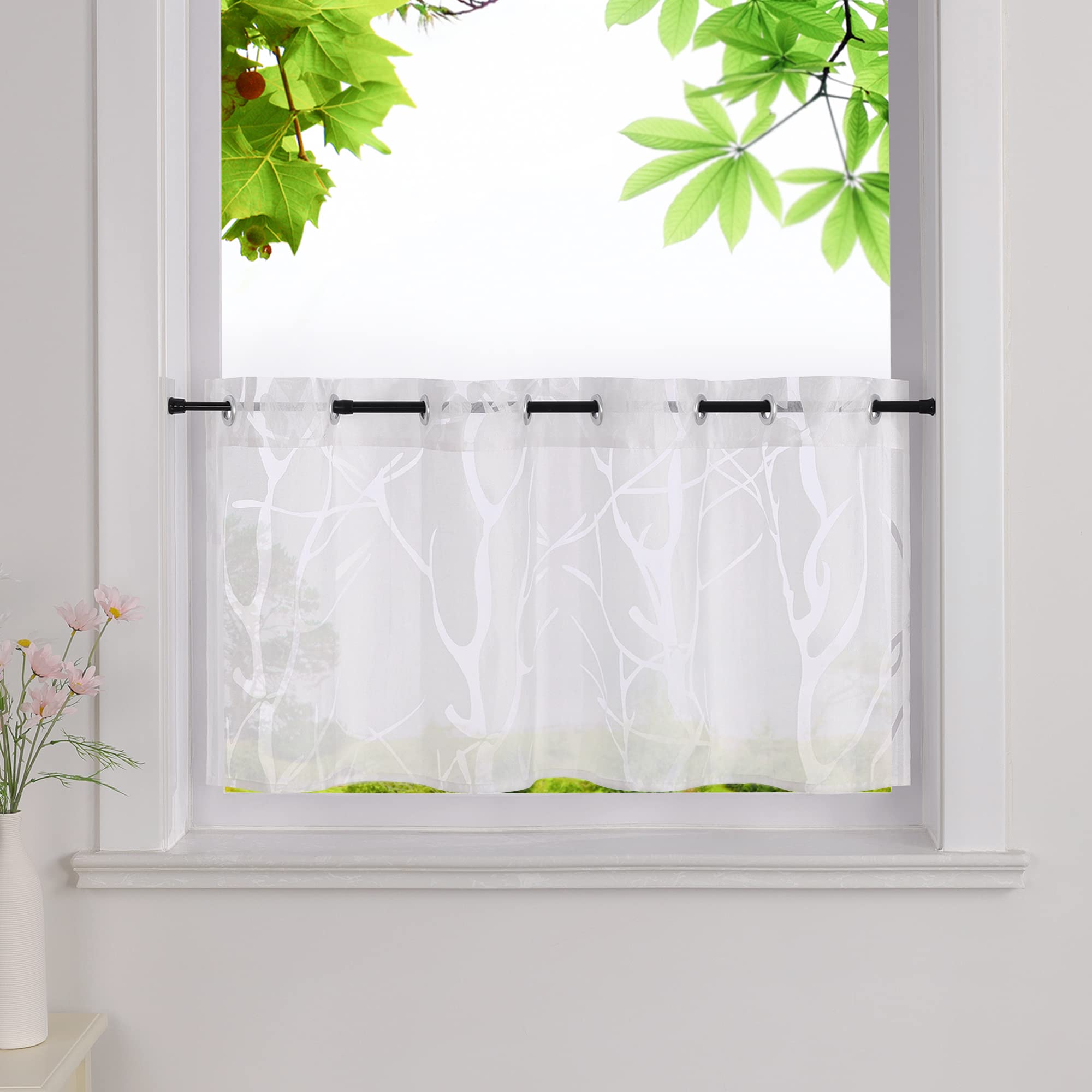 Heichkell Net Curtain Burnout Curtains Transparent Bistro Curtain with Eyelets Kitchen Short Curtain Branches Pattern White H x W 45 x 90 cm