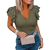 Womens Ruffle Tank Tops Summer Dressy Casual V Neck Slim Fit Ribbed Knit Sleeveless Shirts Army Green