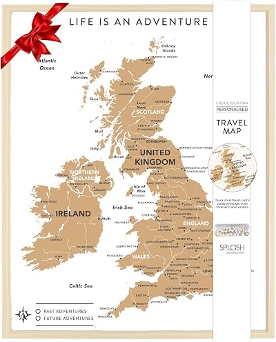Splosh Travel Map UK Desk Pin Board White Wood Frame 100 Pins