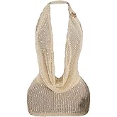 SOLY HUX Women's Halter Mesh Mini Dress Sexy Deep V Neck Draped Sleeveless Backless Bodycon Club Party Dresses Plain Apricot Large