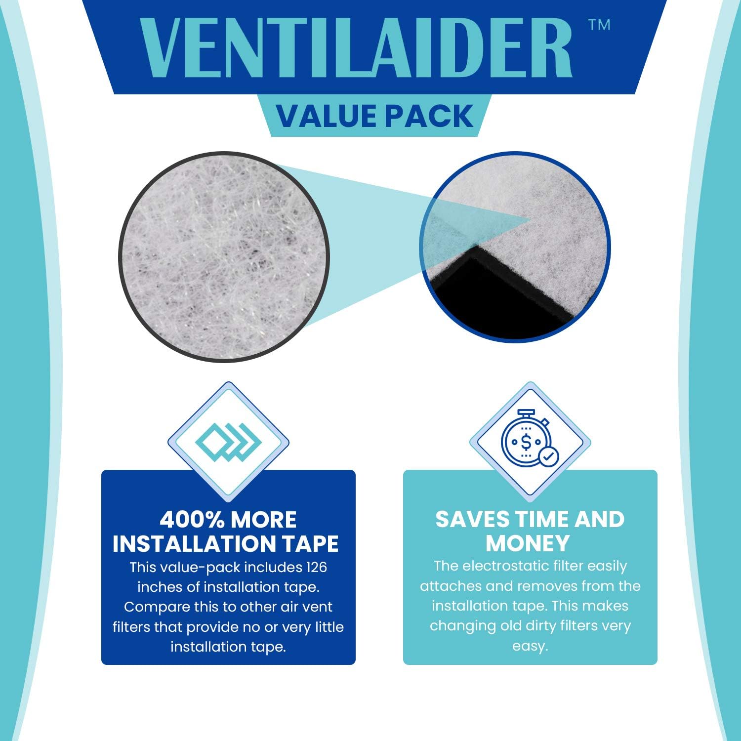 Ventilaider Complete Air Vent Filter Set 20" x 84" Electrostatic Media With 126" of Installation Tape 35+ Filters per Roll for HVAC, AC & Heating Intake Registers & Grilles to Reduce Dust and Allergy - - 