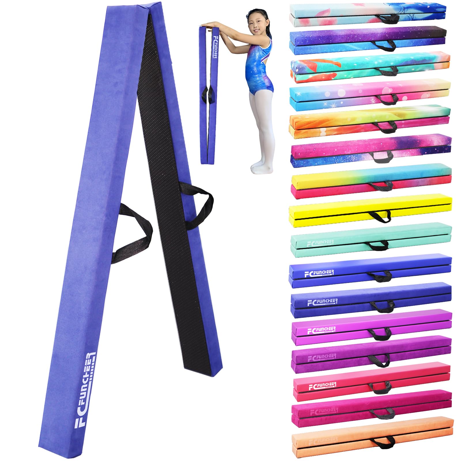 FC FUNCHEER 8FT Folding Balance Beam -Gymnastics Beam -Wood core Floor Beam - Anti-Slip Bottom -Faux Suede Cover -Stainless Hinge and Carrying Bag for Kids Training at Home (Suede, Blue) Image