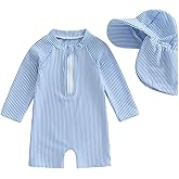 Gueuusu Baby Boys Girls Swimsuit One Piece Striped Zipper Bathing Suit Rash Guard Long Sleeve Seersucker Swimwear Sunsuit