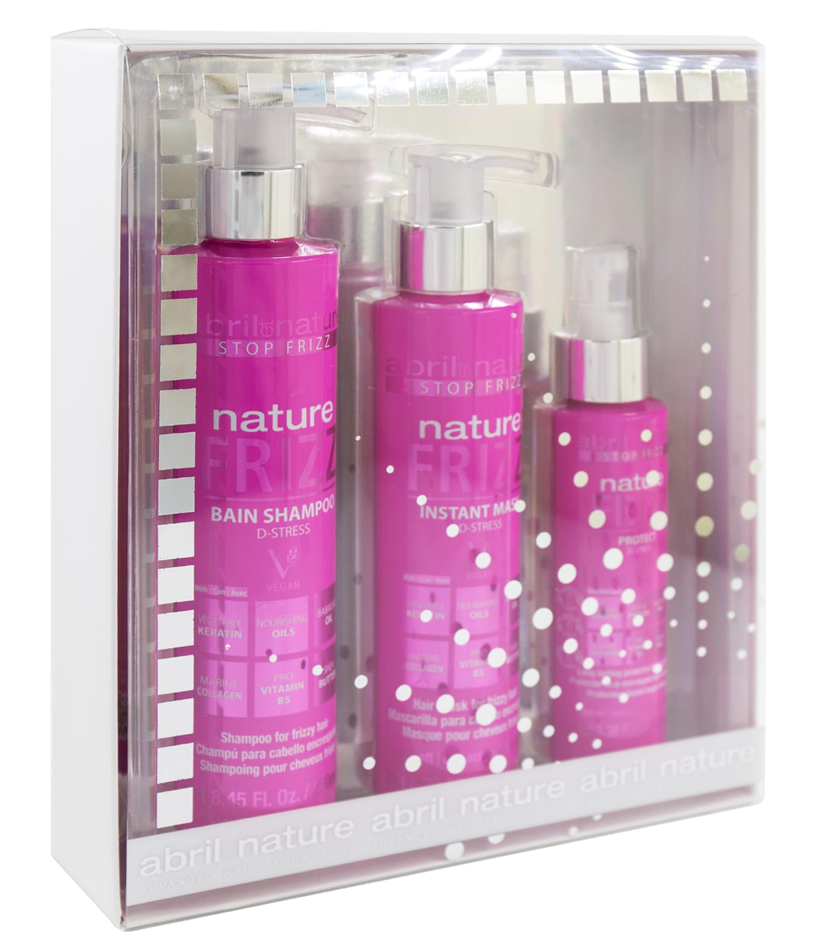 abril et nature - Professional Anti-Frizz Hair Care Set - Hydrates and Maintains Smooth Hair - Shampoo, Conditioner, and Serum Pack for Frizzy Hair - Softer and Shiner Hair - 550 ml