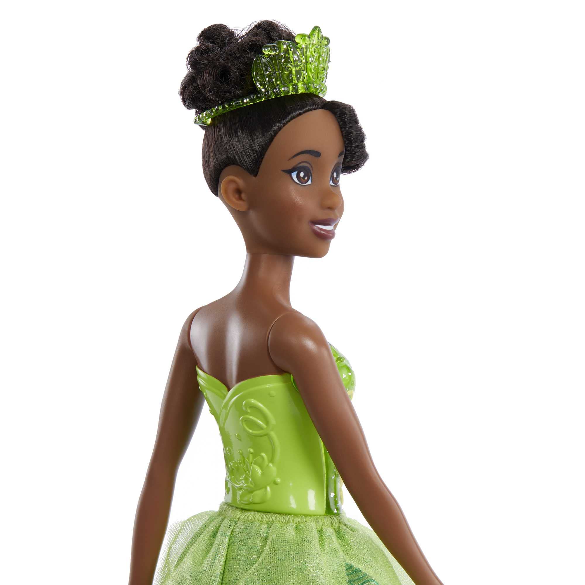 Mattel DISNEY Prinzessin Tiana - Bewegliche Puppe mit glitzerndem Outfit und Accessoires, inspiriert vom Film Küss den Frosch, für Kinder ab 3 Jahren, HLW04 5