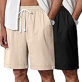 Ficerd 2 Pack Men's Linen Shorts Casual Elastic Waist Drawstring Stretch Summer Beach Vacation Wear with Pockets
