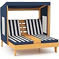 HONEY JOY Kids Chaise Lounge Chair Outdoor, Toddler Wood Double Pool Lounger Chairs w/Canopy, Cup Holders, Removable Stripped Fabric Cushions, 2-Person Kids Patio Furniture for Backyard (Navy Blue)