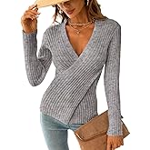 CUPSHE Womens Ribbed Sweaters Surplice Fall Knit Sweater Long Sleeve Wrap Sweater Tops