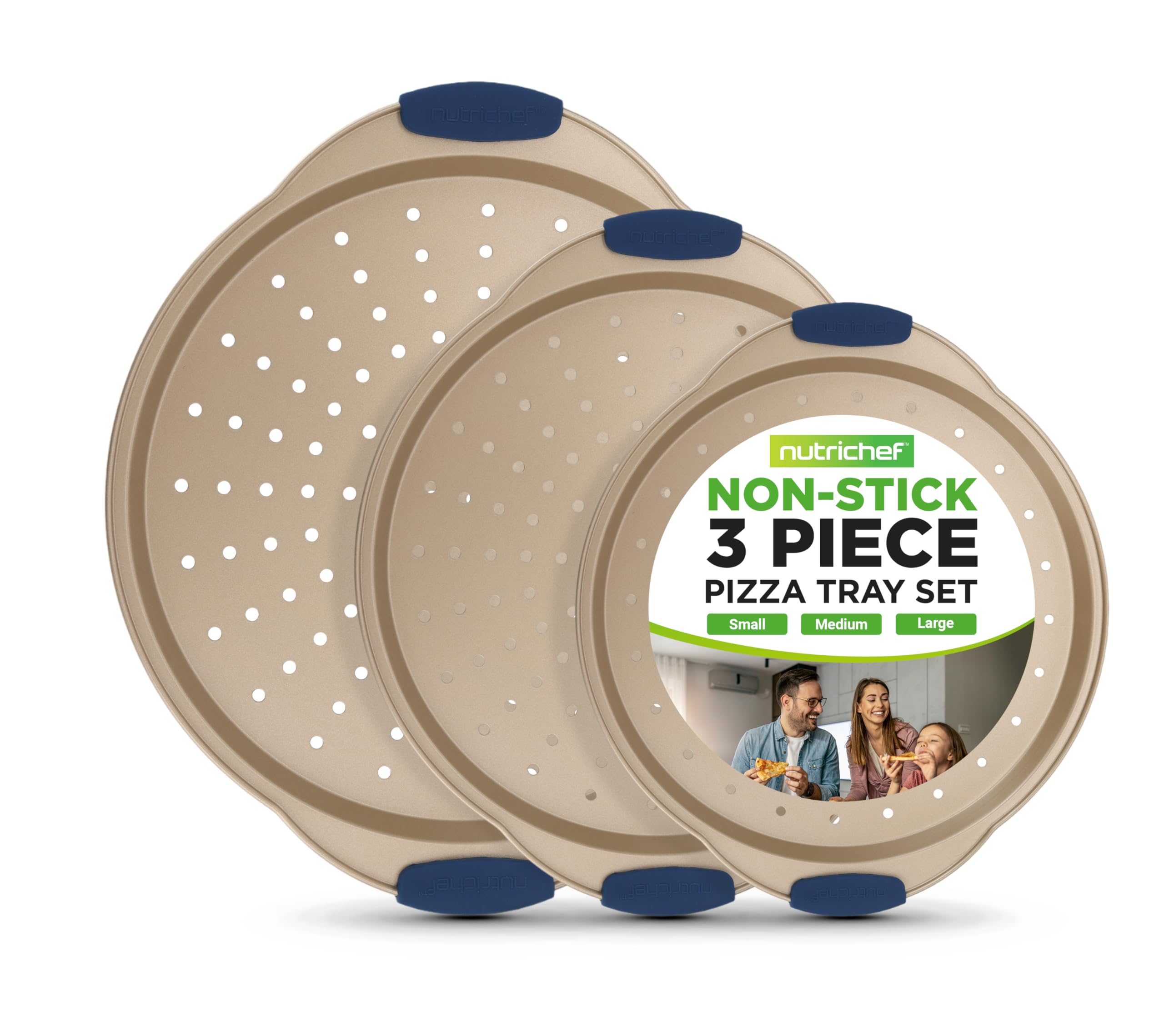 NutriChef 3-Piece Pizza Tray Set with Silicone Handles - Round Nonstick Pizza Pan with Perforated Holes, Durable Carbon Steel, Small, Medium, Large Sizes - Ideal for Crispy, Evenly Baked Pizzas (Gold)