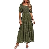PRETTYGARDEN Women's 2026 Summer Casual Midi Dresses Square Neck Short Sleeve Smocked A Line Floral Flowy Elegant Boho Dress