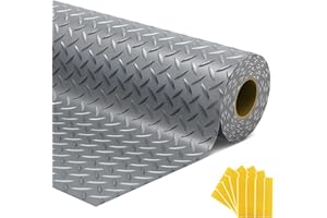 HOBUSKA 7.5x18 FT Garage Floor Mat, Flooring Roll with 20Pcs Tapes, 135 sqft Diamond Plate PVC Rubber Trailer Mat, Non-Slip Floor Mat for Garage, Warehouse, Gyms, Trailer, Pickup Truck (Grey)
