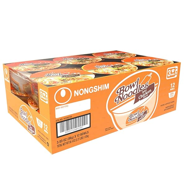NONGSHIM SPICY CHICKEN NOODLE SOUP INSTANT RAMEN, 12 PACK, KOREAN MICROWAVEABLE BOWL SOUP MIX, RAMYUN WITH VEGGIES, SABOR A POLLO