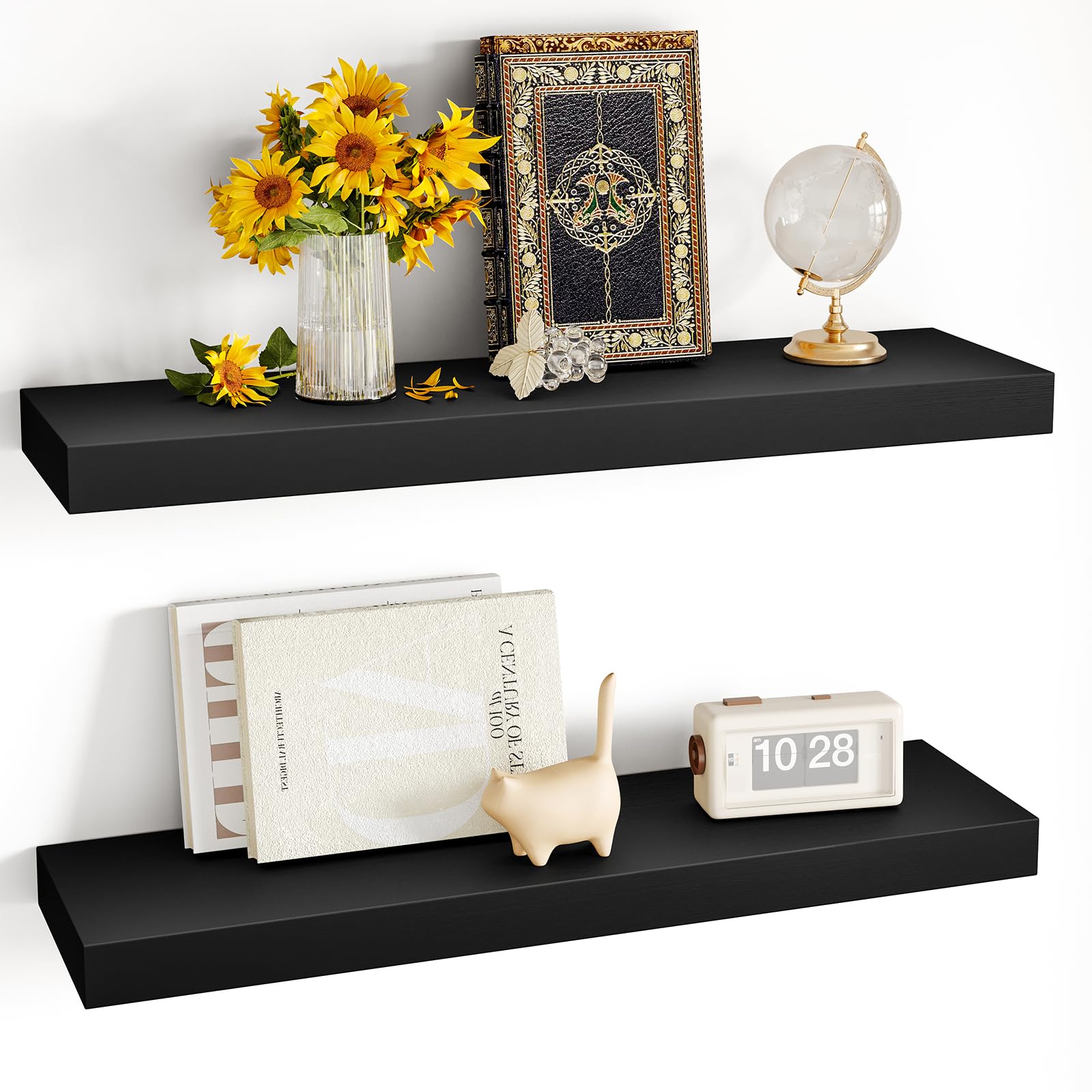 Fixwal Floating Shelves for Wall, 24in Black Shelves Wall Mounted Shelves for Bathroom, Bedroom, Living Room, Kitchen Decor(Set of 2)
