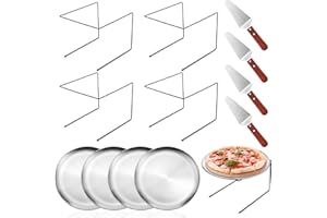 Yiyiring 12 Pcs Pizza Pan Riser Stands Sets Includes 4 Metal Pizza Table Stands 4 Pizza Pan and 4 Wood Handle Pie Server, Pizza Rack Stand Pizza Tray for Pizza Dessert Cheese(Silver,Classic)