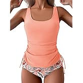 B2prity Women's Tankini Swimsuit Tummy Control Wide Strap Side Cinch Drawstring Two Piece Bathing Suit