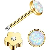 Enticera 14k Gold Plated G23 Titanium Opal Earrings for Women 20G Handmade Flat Back Opal Stud Earring for Sensitive Skin Screw Back Hypoallergenic Nap Earrings for Helix Cartilage Piercing