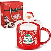 Suttmin Christmas Mugs with Lid and Spoon Porcelain Christmas Coffee Mugs Cute Ceramic Santa Tea Cups with Gift Box for Women Men Home Winter Holiday Birthday Kitchen Drinkware (Red,Lovely Style)