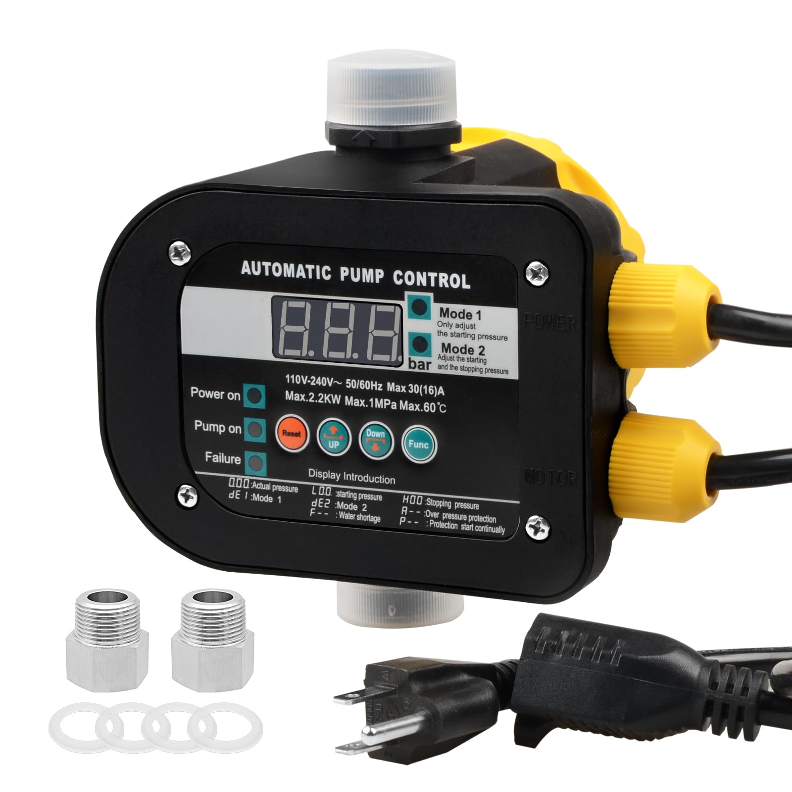 Photo 1 of OELFFOW Smart Pump Controller with 2 Metal Pump Connector, BSPP G1 Threaded Interface, 2 Modes Digital Display, Adjustable Pressure, High Power, for Home, Garden, Industrial Use
