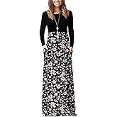 DEARCASE Women's Maxi Dress Long Sleeve Crewneck Loose Plain Casual Empire Waist Fall Party Long Dresses with Pockets
