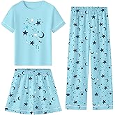 Umeyda Girls Pajamas Set, Cotton Pjs Cartoon Pattern 3PCS Sleepwear Lounge for Kids Size 5-14