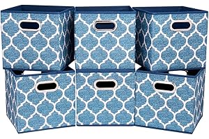 HSDT Square Fabric Cube Storage Bins 10.5x10.5 x 11In Blue Cloth Storage Cubes Baskets Foldable Storage Boxes Decorative Cubicle Strorage Inserts Cubes Drawer Organizer Closet,QY-SC09-6