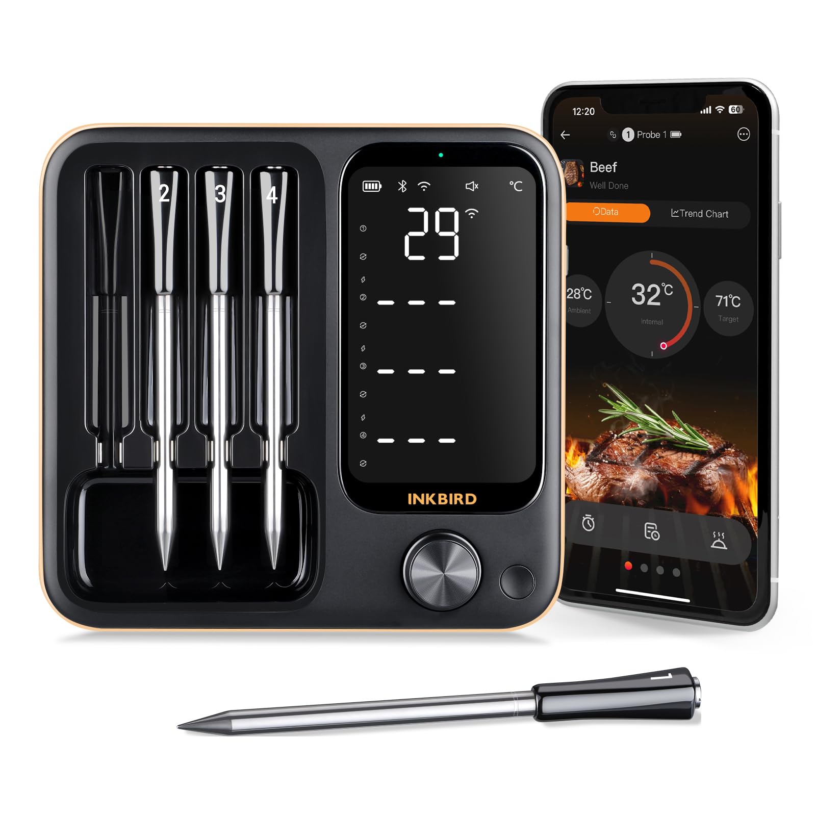 Inkbird INT-14-BW Fleischthermometer kabellos, Smart Grillthermometer WIFI 2.4G und Bluetooth 5.4 Signal 91m, Backofenthermometer Thermometer für Ofen, Grill, Smoker, Rotisserie Airfryer Ofen