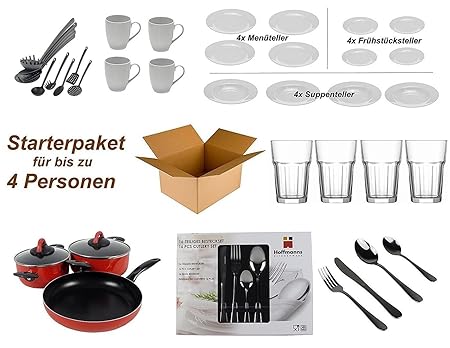 Haushalt Starterset '4 Personen' - Wohneinrichtung Starterpaket - Einrichtungspaket - (Küche, Besteck, Geschirr)