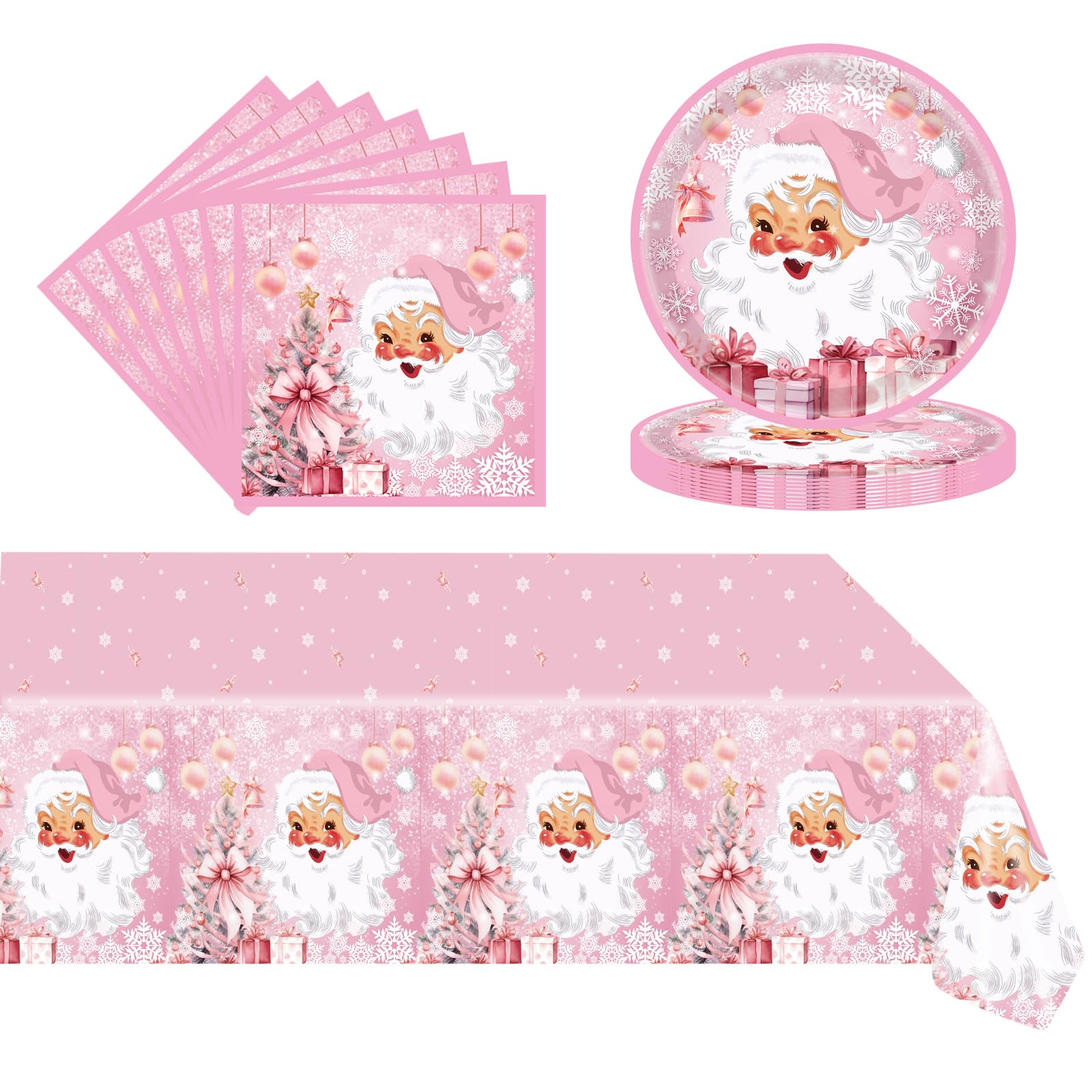 37Pcs Christmas Dinner Table Decorations,Christmas Party Tableware Set,Tablecloth,Pink Santa Claus Paper Plates and Napkins Xmas, MerryChristmas Tableware Set for Xmas Party Supplies Decoration