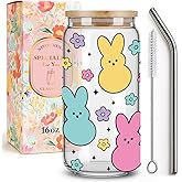 Niyorayna Easter Bunny Baskets Stuffers for Kids - Easter Glasses Drinking Gifts for Her,Friends,Glass Cups with Lids and Straws,Cute Bunny Holiday Glass Tumbler -153
