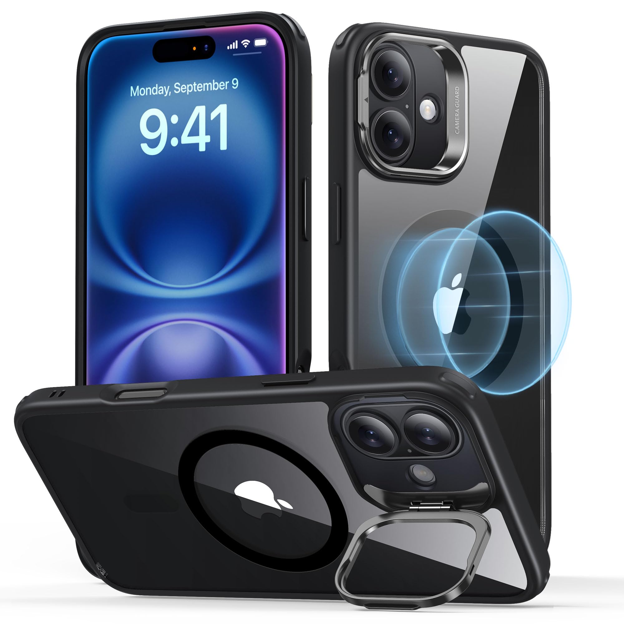 ESR for iPhone 16 Plus Case, Compatible with MagSafe, Military-Grade Protective Case, Built-In Stash Stand Phone Case, Scratch-Resistant Back Cover, Classic Series, Clear Black