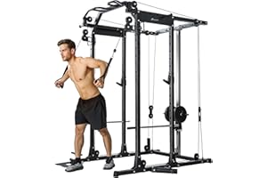 Soozier Multi-Functional Power Rack, Smith Machine with Pull Up Bar, LAT-Pull Down System, Landmine & T Bar, Cable Crossover 