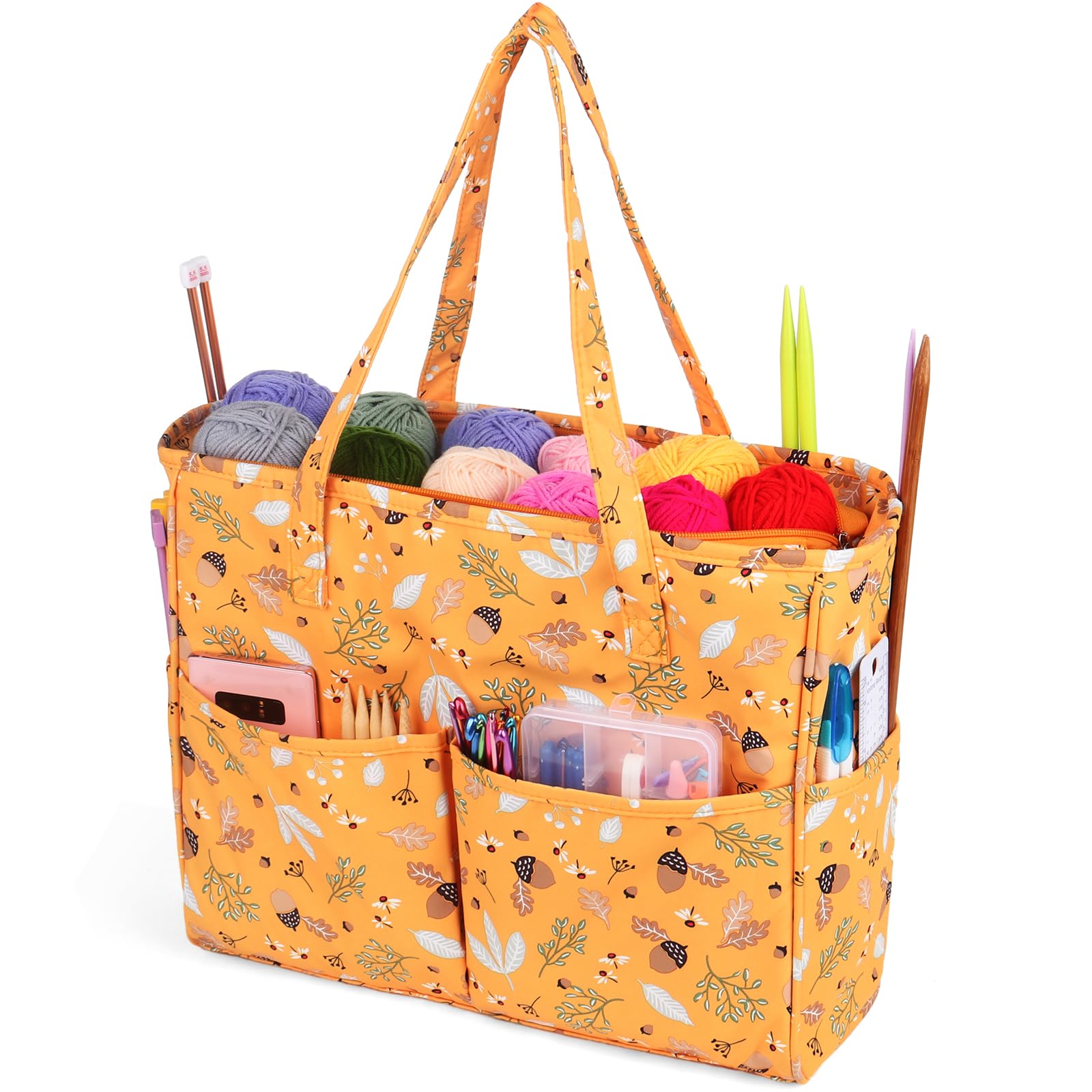 Aeelike Crochet Tote Bag, Large Knitting Bag, Wool Yarn Bag, Craft Storage Bags with Compartments, Cross Stitch Embroidery Organiser Bag, Portable Crochet Knitting Project Travel Bag for Women(Yellow)