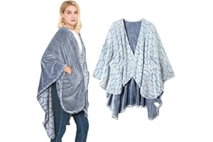 Bcareself Double-Sided Wearable Blanket Ultra Soft Flannel Shawl Blanket, Reversible Blanket,with Pockets, for Women and Men