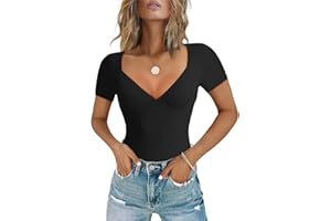 Chunpin Women's Sexy V Neck Short Sleeve Bodysuit Seamed Cup Going Out Tops Thong Body Suits