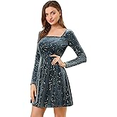 Allegra K Women's Fall Winter Velvet Long Sleeve Dresses Star Square Neck A Line Mini Dress for Party Cocktail Christmas