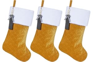Shgngle Gold Velvet Quilted Personalized Christmas Stocking,19.5 Inch Fireplace Hanging Stockings with Blank Wooden Tags DIY Name,Family Holiday Decorations and Xmas Gift(Gold 3Pcs)