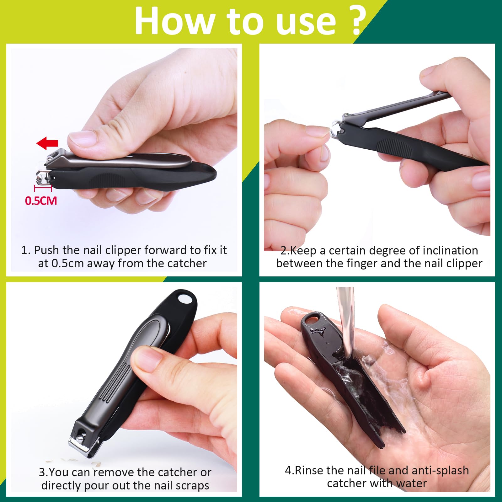 GLAMFIELDS Nail Clippers with No Splash Storage Box, Large Fingernail Toenail Clipper Detachable Easy Clean Nail Cutter Trimmer with Nail Files for Men & Women, Leather Case Packed(Black -1Pack) - Image 5