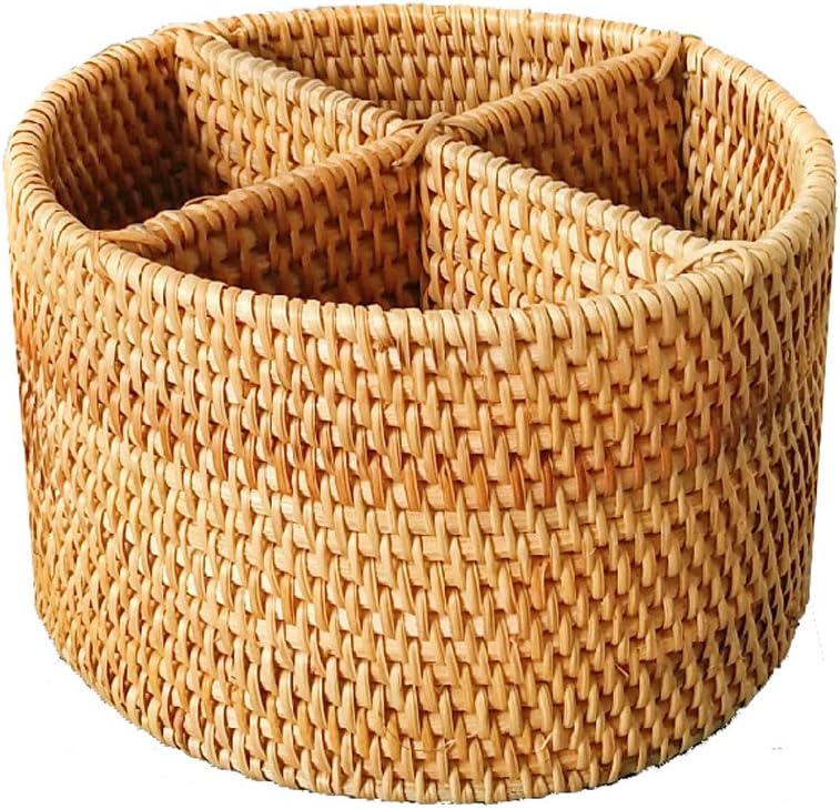 Handweaved Rattan 4 Compartments Storage Box Cosmetics Organizer Utensil and Bottle Serving Basket (200mm 4-compartment Round Box)