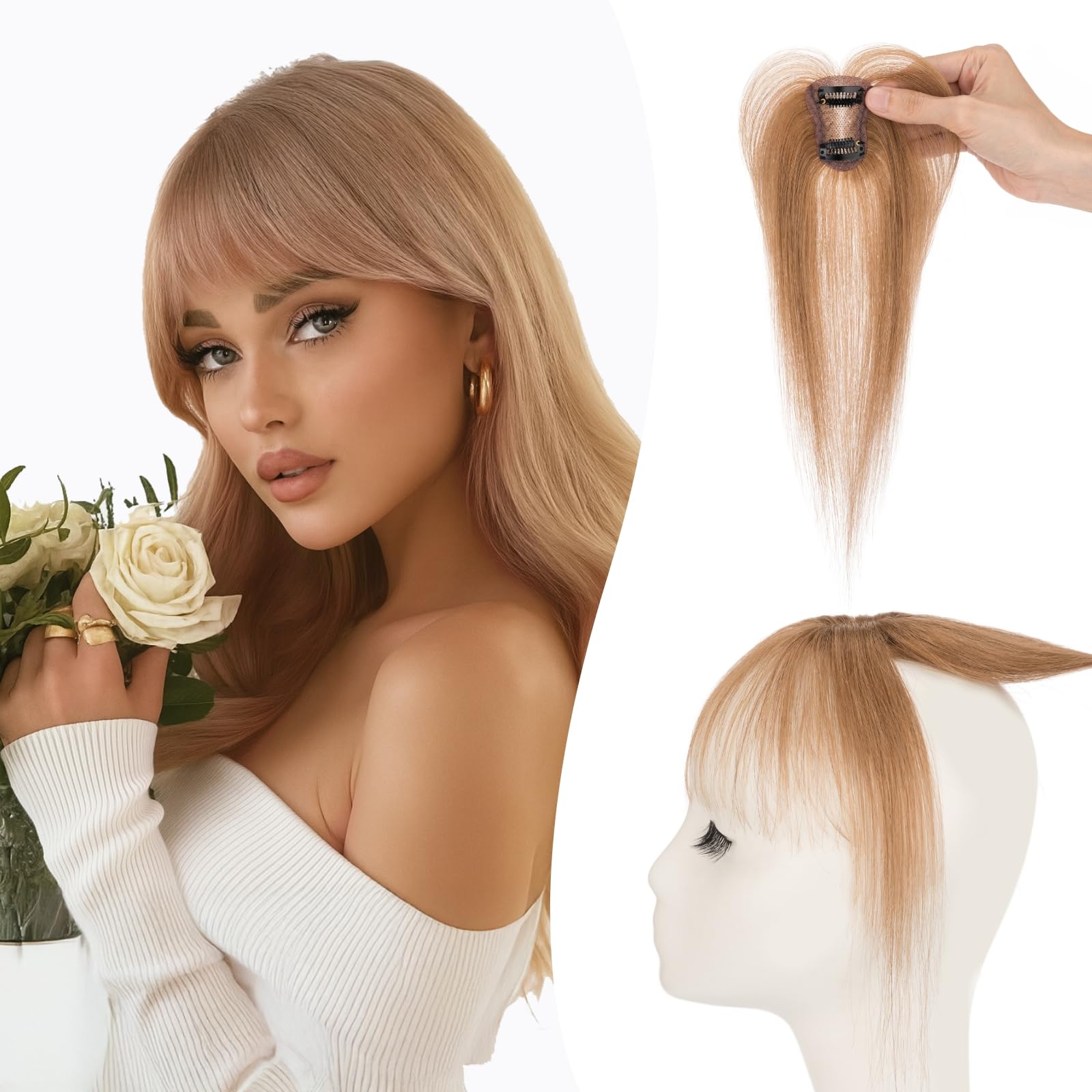 Photo 1 of TESSHAIR Bangs Hair Clip Human Hair, 100% Remy Human Hair, No Tangle & Smooth, 4x6 3D Wispy Bangs, 10g #06 Light Brown