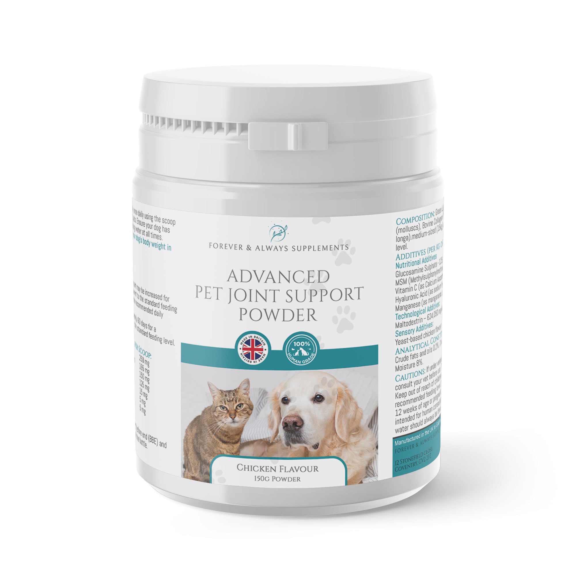 Advanced Cat & Dog joint Support powder Improved Formula; Green lipped mussel; MSM; Glucosamine & Hydrolysed Collagen; Chicken Flavoured joint care supplement; Dog's & Cat joints & hip care vitamin
