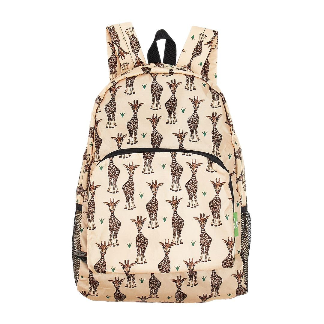 ECO CHIC Lightweight Foldable Water Resistant Backpack Rucksack Folds into Pouch for Storage (Giraffes Beige)